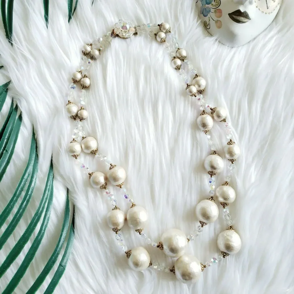 Vtg 50s double strand faux pearl snowball crystal statement necklace mid century